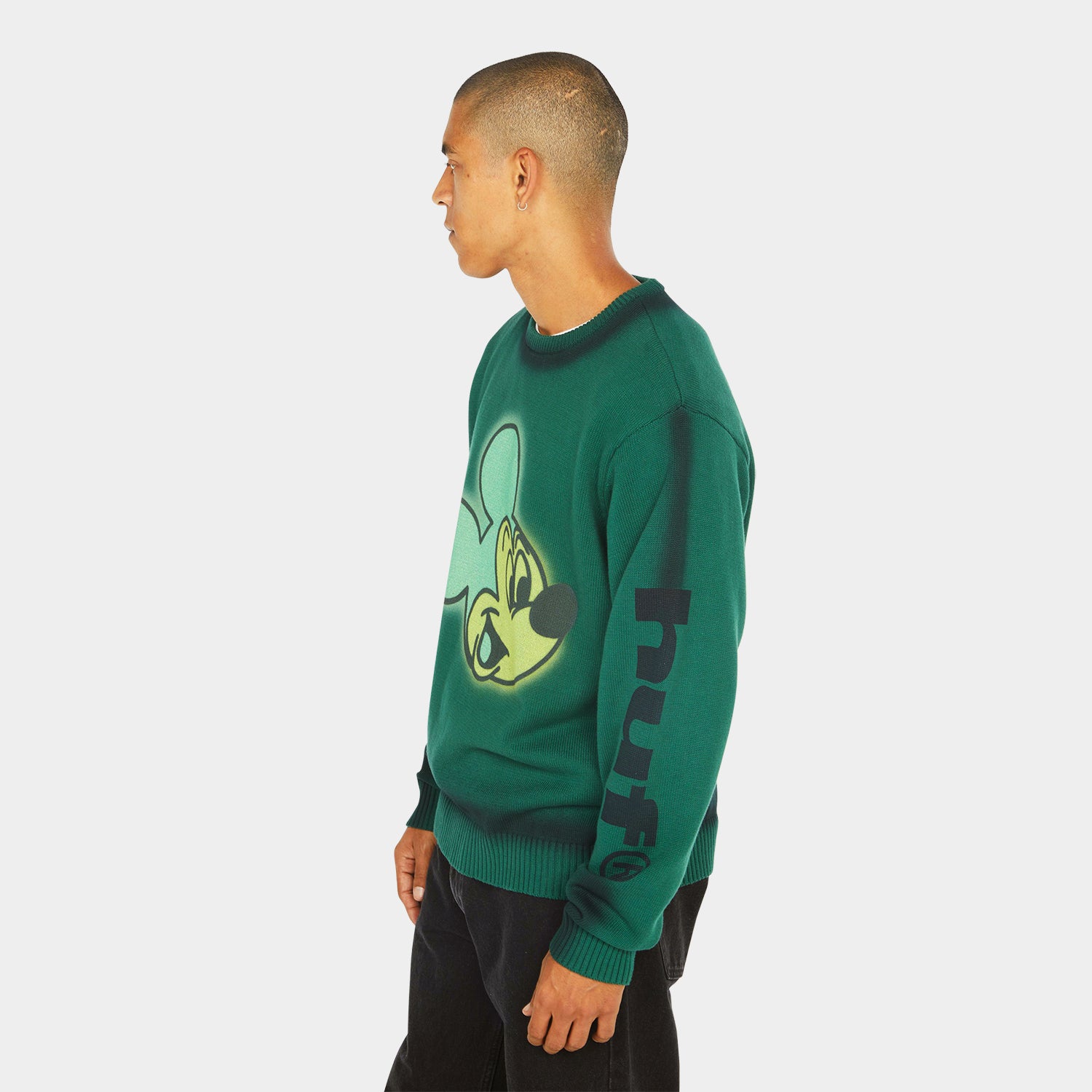 HUF (ハフ) Worldwide JP /KNITS & SWEATERS(ニット&セーター)/ DISNEY | HUF MICKEY SPRAY CREWNECK SWEATER商品 / FOREST GREEN