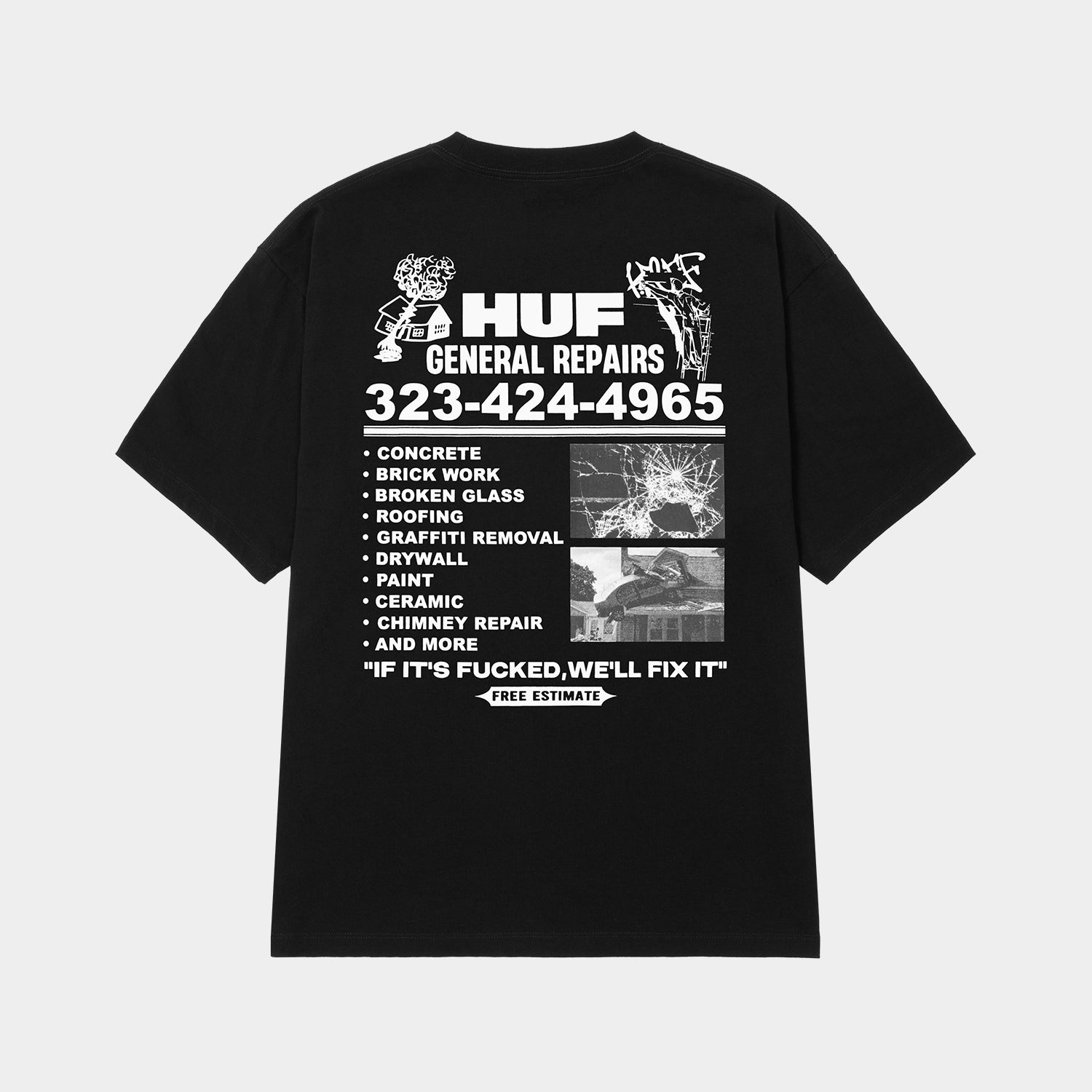 HUF (ハフ) Worldwide JP /T-SHIRTS（Tシャツ）/ GENERAL REPAIRS TEE商品 / BLACK
