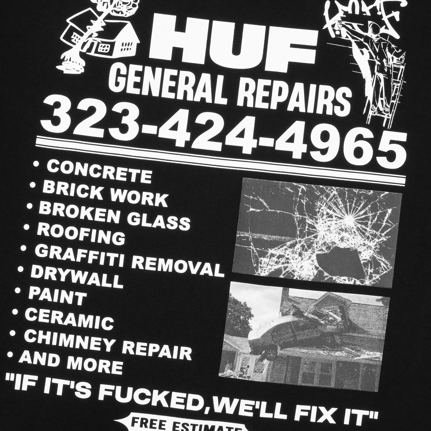 HUF (ハフ) Worldwide JP /T-SHIRTS（Tシャツ）/ GENERAL REPAIRS TEE商品 / BLACK